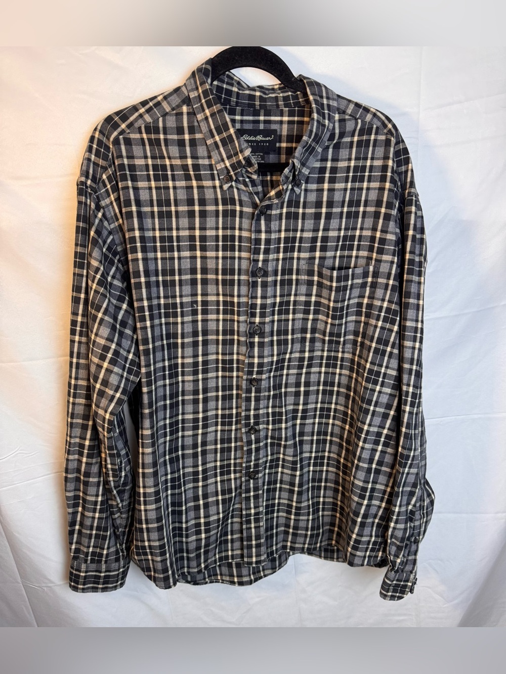 Eddie Bauer Black and Cream Plaid Button-Down Shirt